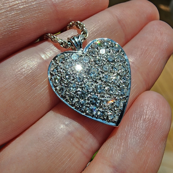 Stunning Vintage 14k White Gold 1.85ctw Diamond Heart Pendant + 16in Rope Chain - Picture 7 of 12